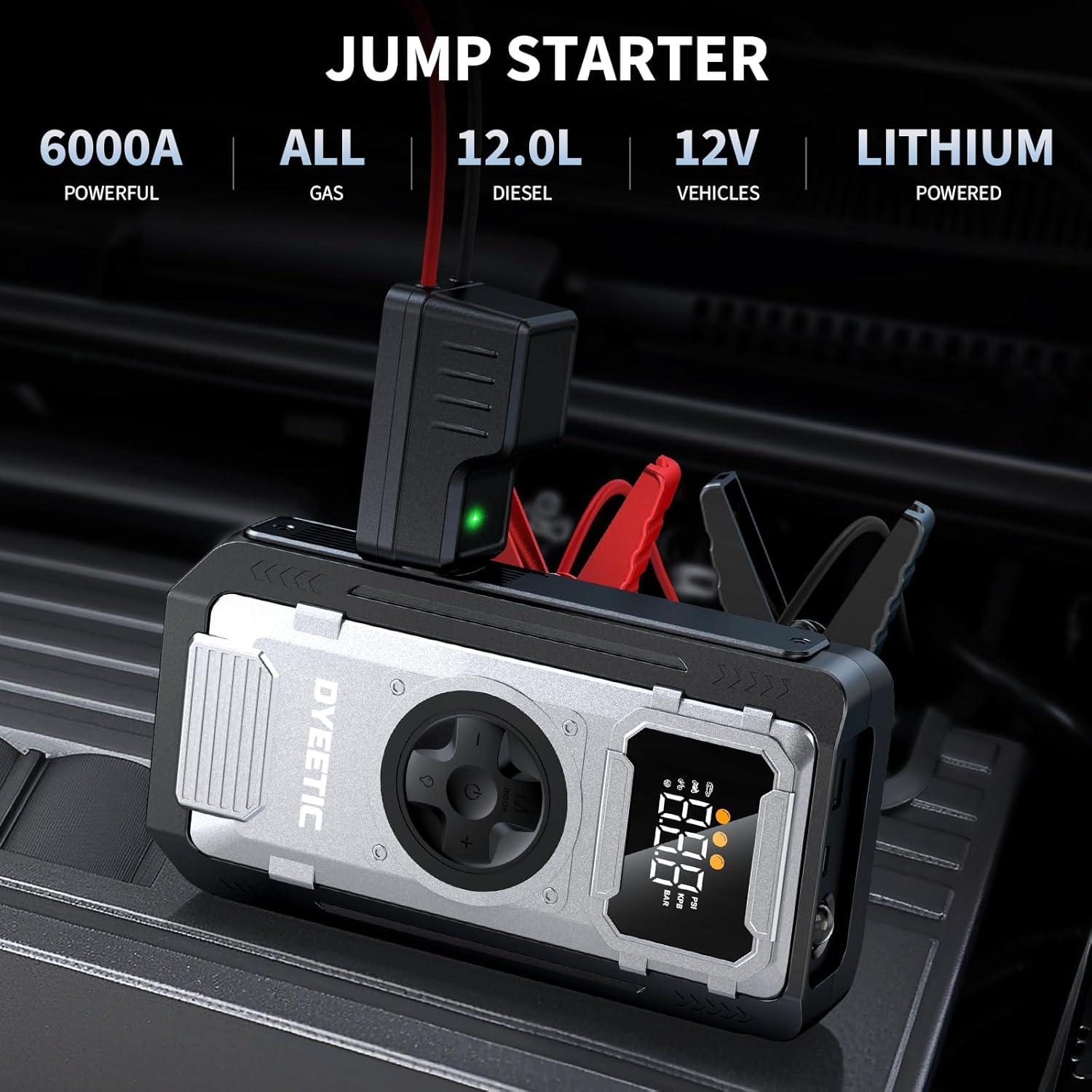6000A Jump Starter with Air Compressor, 150PSI Tire Inflator | For All Gas & 12.0L Diesel Engines with Smart Digital Display