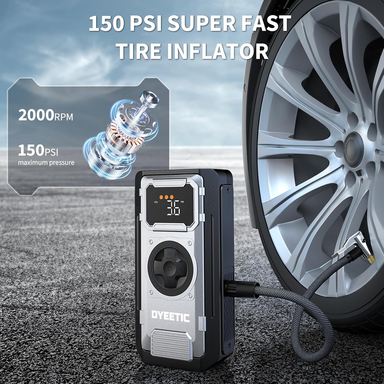 6000A Jump Starter with Air Compressor, 150PSI Tire Inflator | For All Gas & 12.0L Diesel Engines with Smart Digital Display