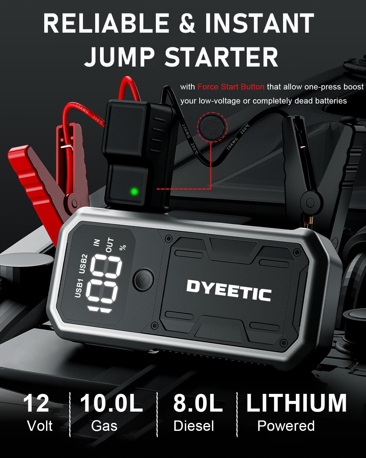 Dyeetic 4000A Car Battery Jump Starter, Portable 12V Battery Jump Box for 10.0L Gas and 8.0L Diesel Engines
