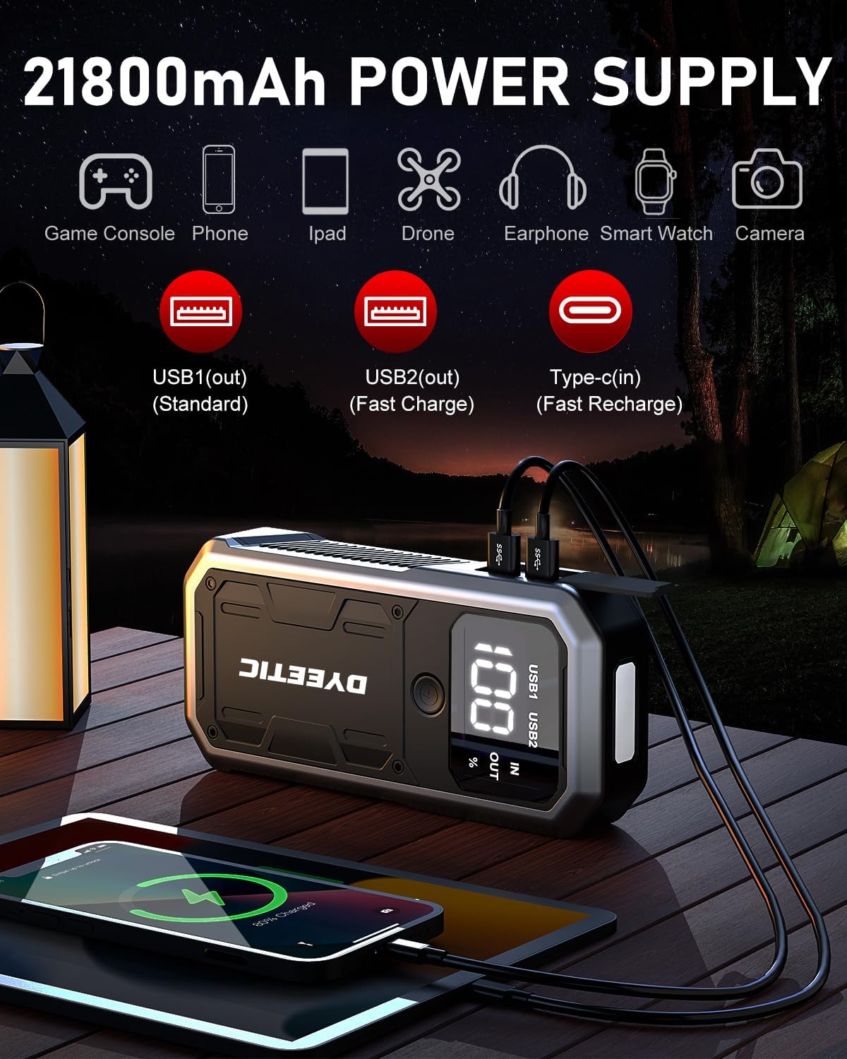 Dyeetic 4000A Car Battery Jump Starter, Portable 12V Battery Jump Box for 10.0L Gas and 8.0L Diesel Engines