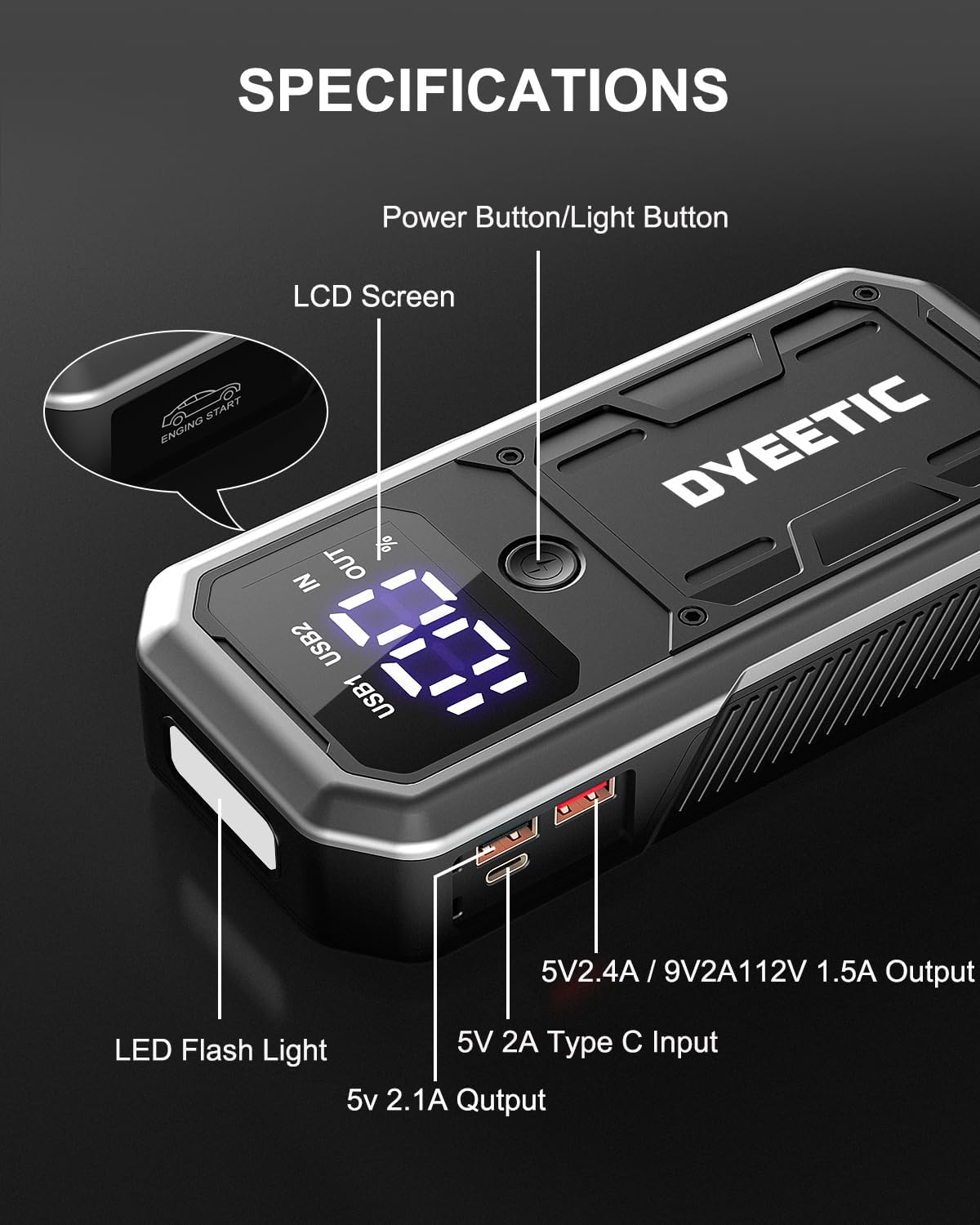 Dyeetic 4000A Car Battery Jump Starter, Portable 12V Battery Jump Box for 10.0L Gas and 8.0L Diesel Engines