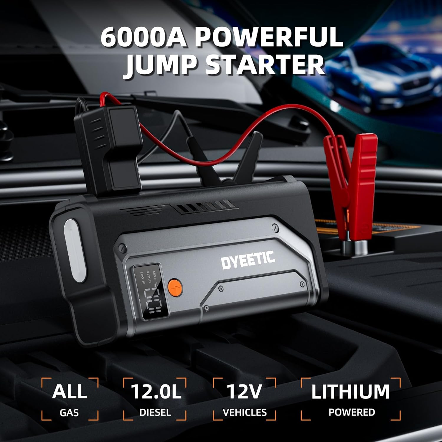 Dyeetic 6000A Jump Starter, Portable 12V Car Jump Starter Battery Pack for All Gas and 10.0L Diesel Engines